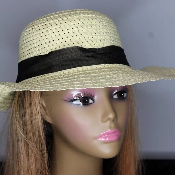 Women's Straw Sun Hat with Ribbon Band - Black - Picture 2 of 2